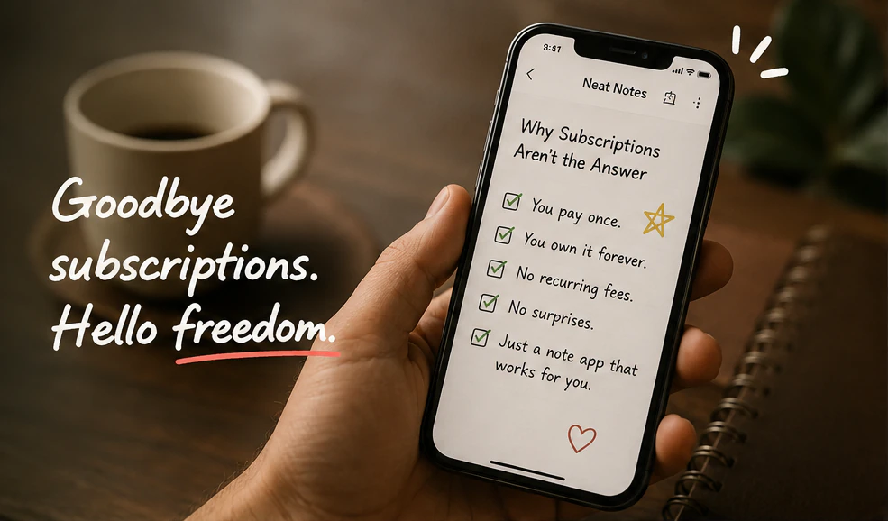 A hand holding an iPhone beside the words Goodbye subscriptions. Hello freedom.