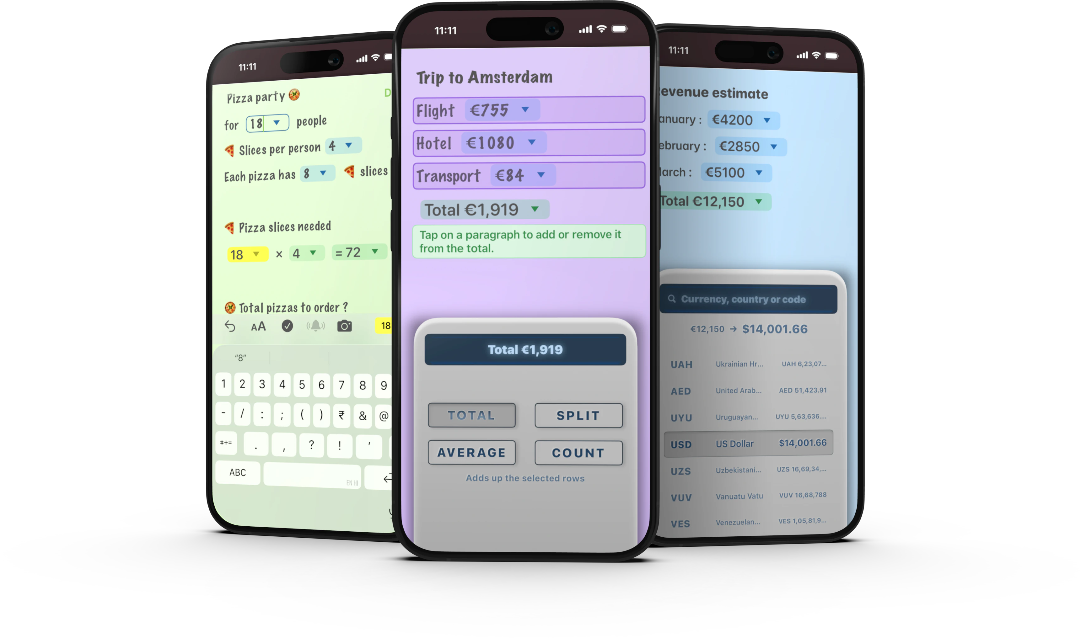 Three NeatNotes examples showing a pizza calculation, a trip total and a currency conversion.