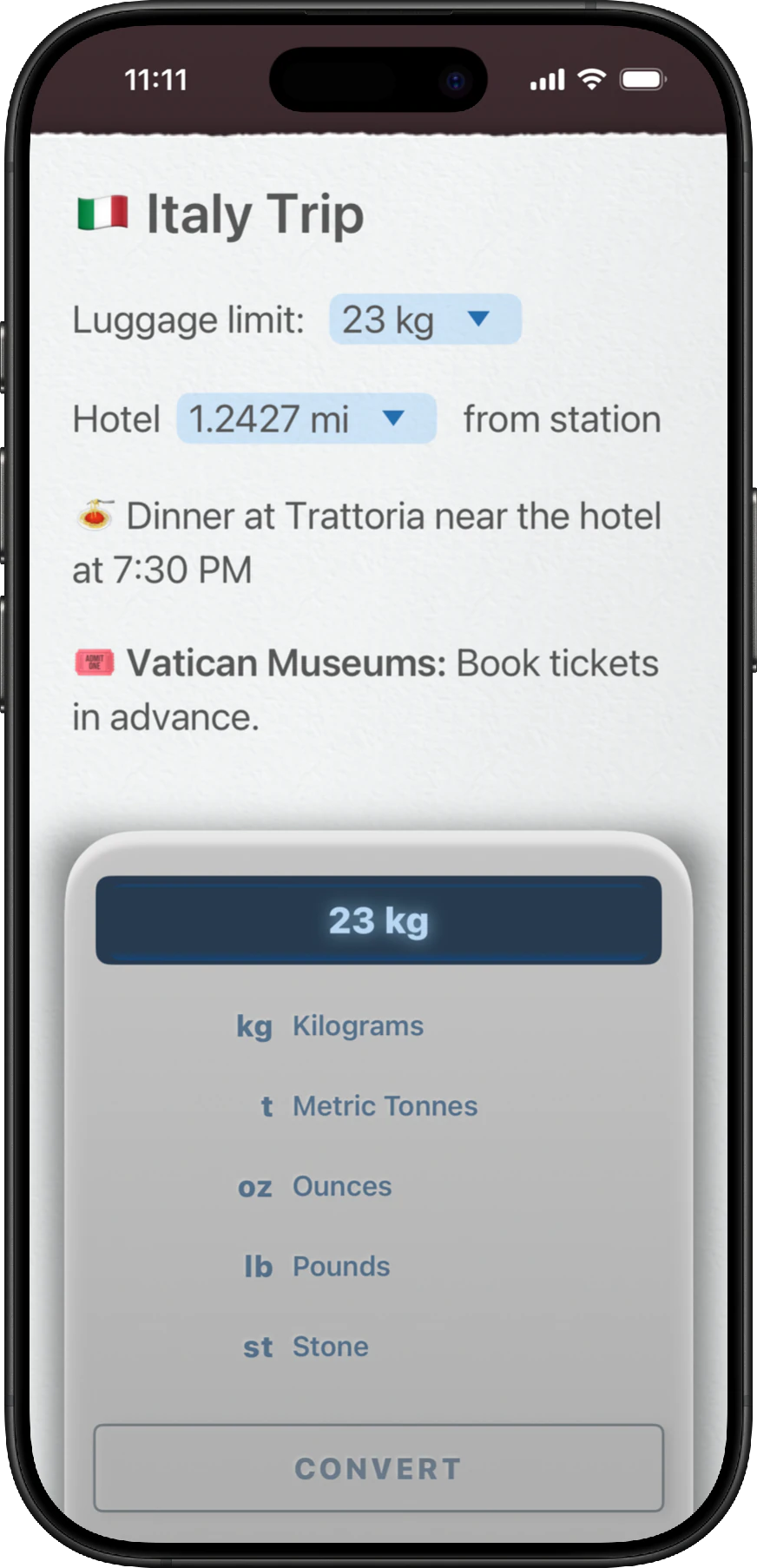 An Italy trip note in NeatNotes with a panel for converting 23 kilograms into other weight units.
