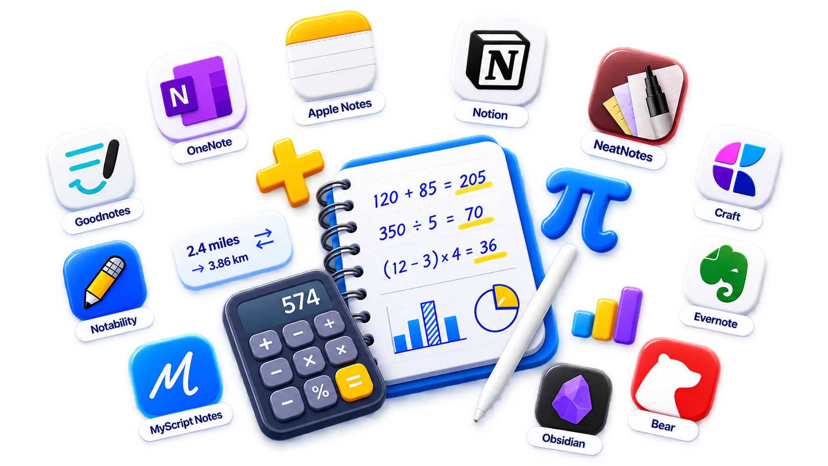 Popular note-taking app icons surrounding a notebook, calculator and everyday maths examples.