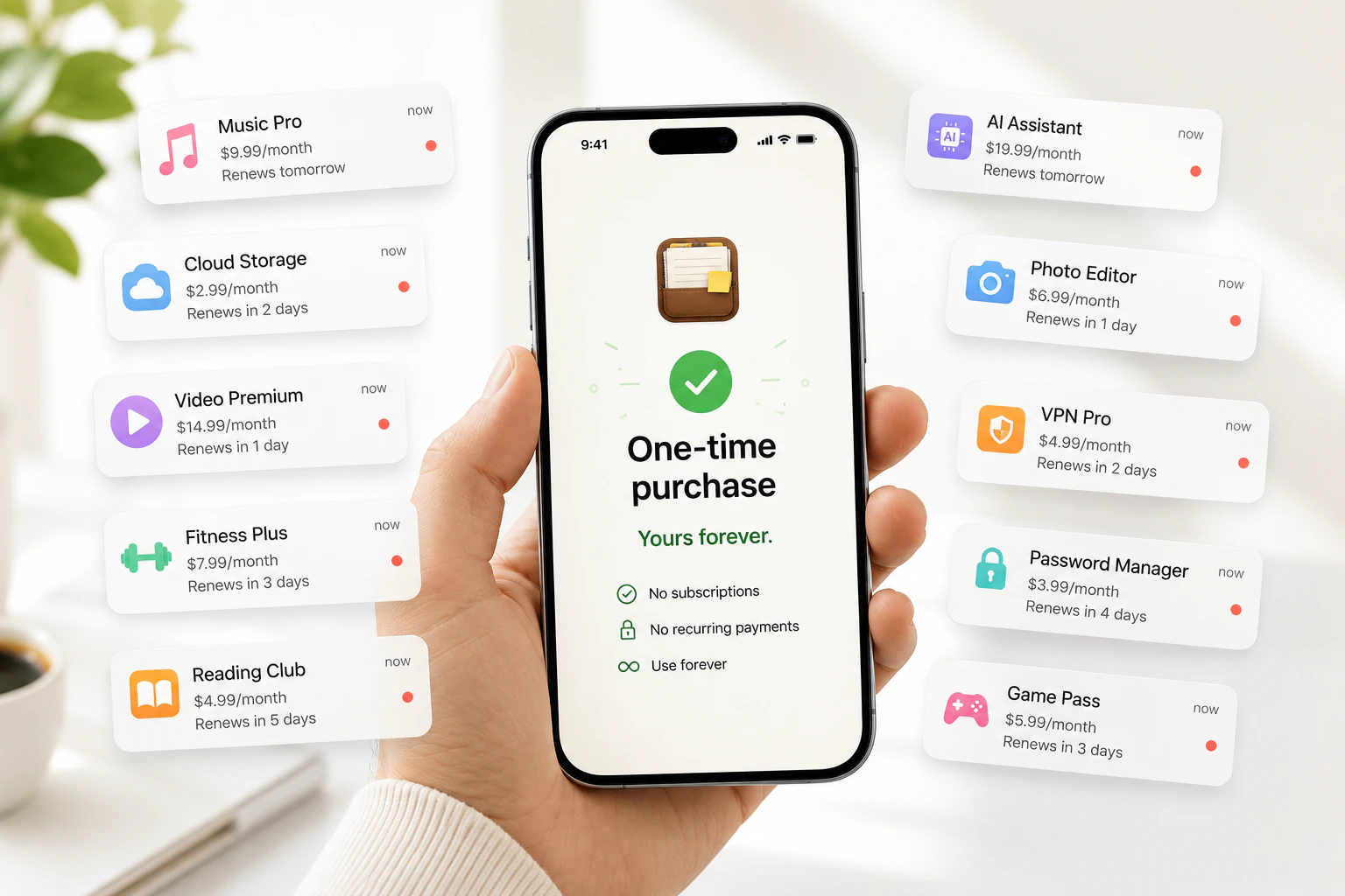 A hand holding a NeatNotes one-time purchase screen surrounded by recurring subscription notices.