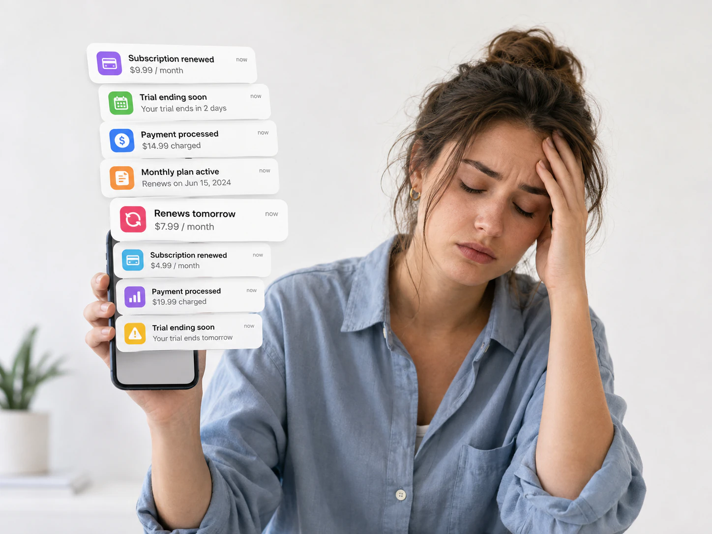 A frustrated person holding a phone covered by recurring payment and subscription renewal notices.