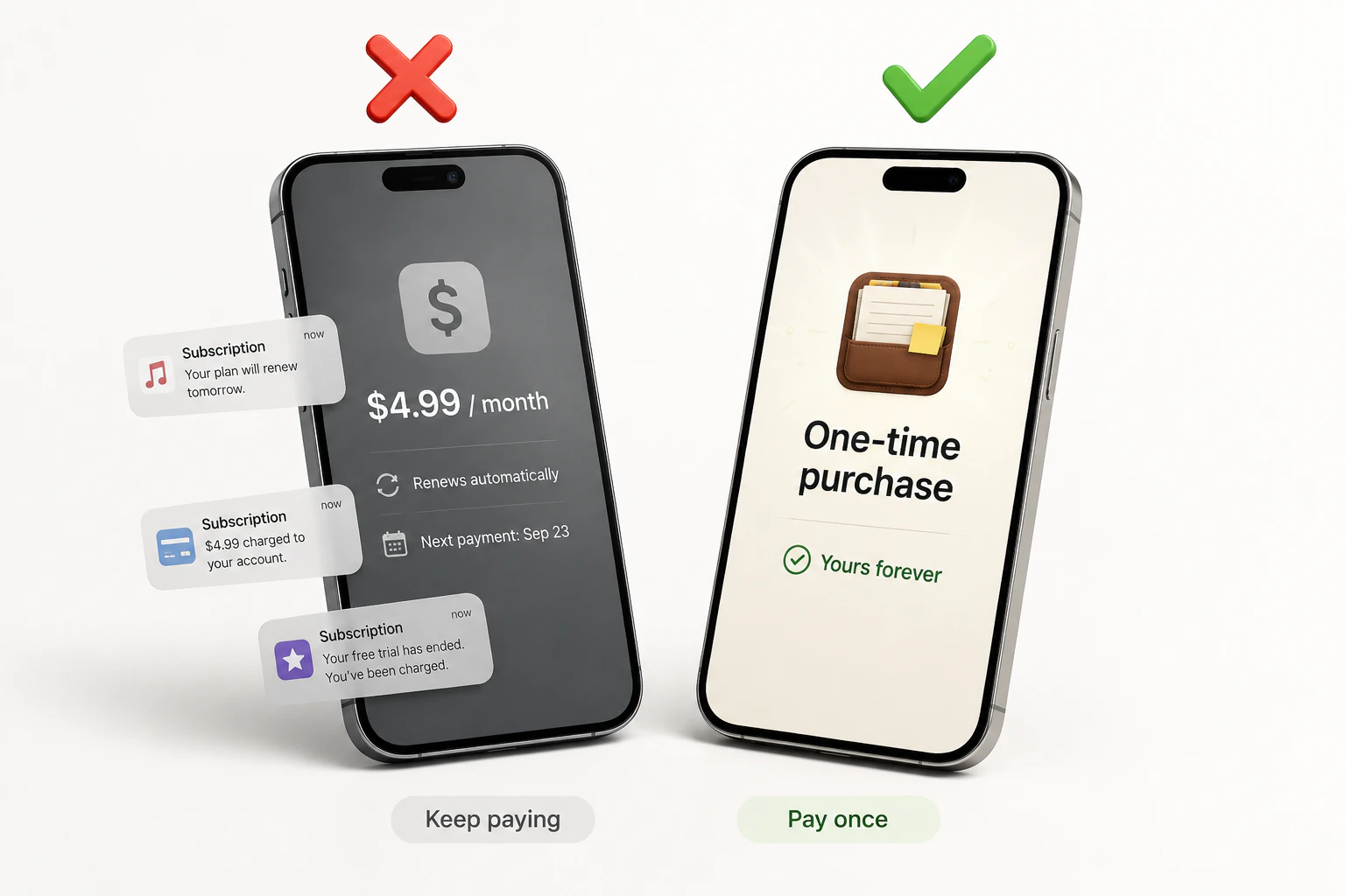 A recurring monthly subscription phone compared with a NeatNotes one-time purchase that is yours forever.