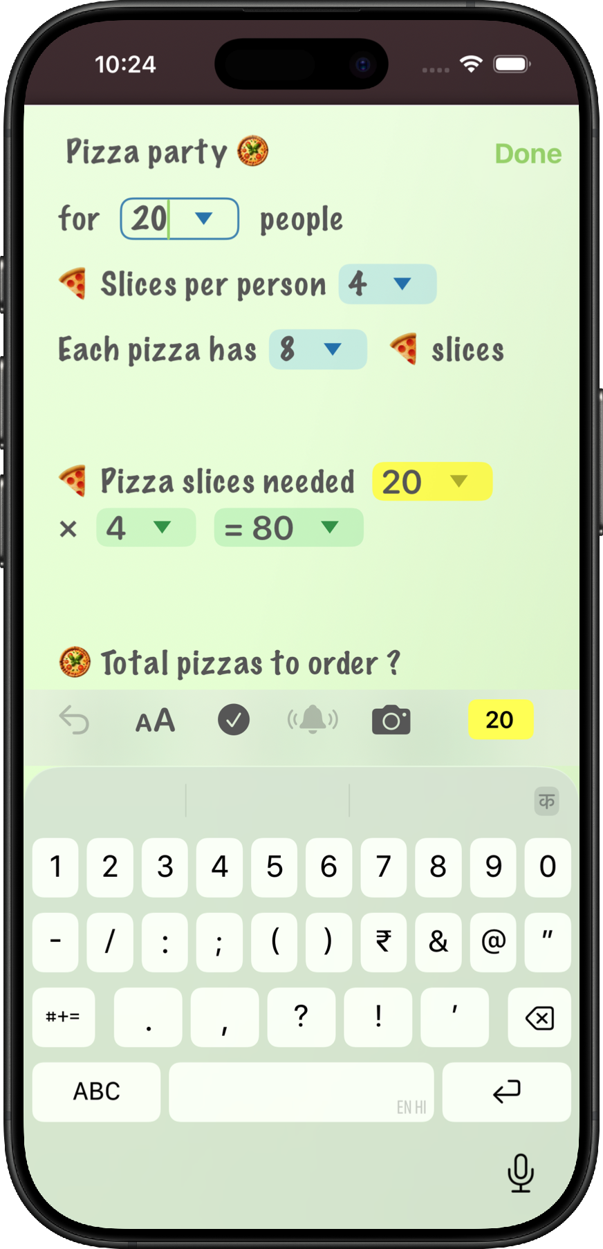 NeatNotes calculation note working out how many pizzas are needed for a party