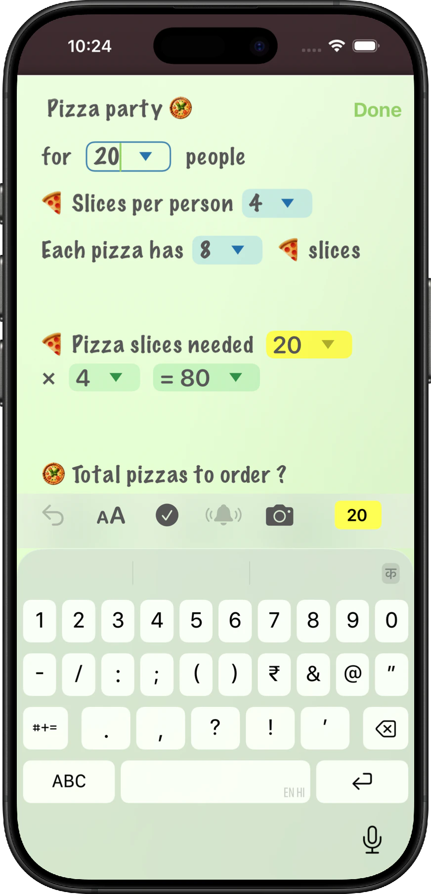 NeatNotes calculation note working out how many pizzas are needed for a party