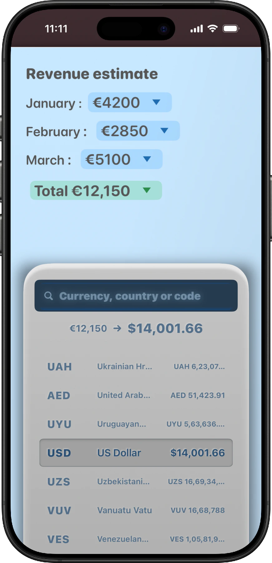 A blue NeatNotes revenue note converting its total between currencies