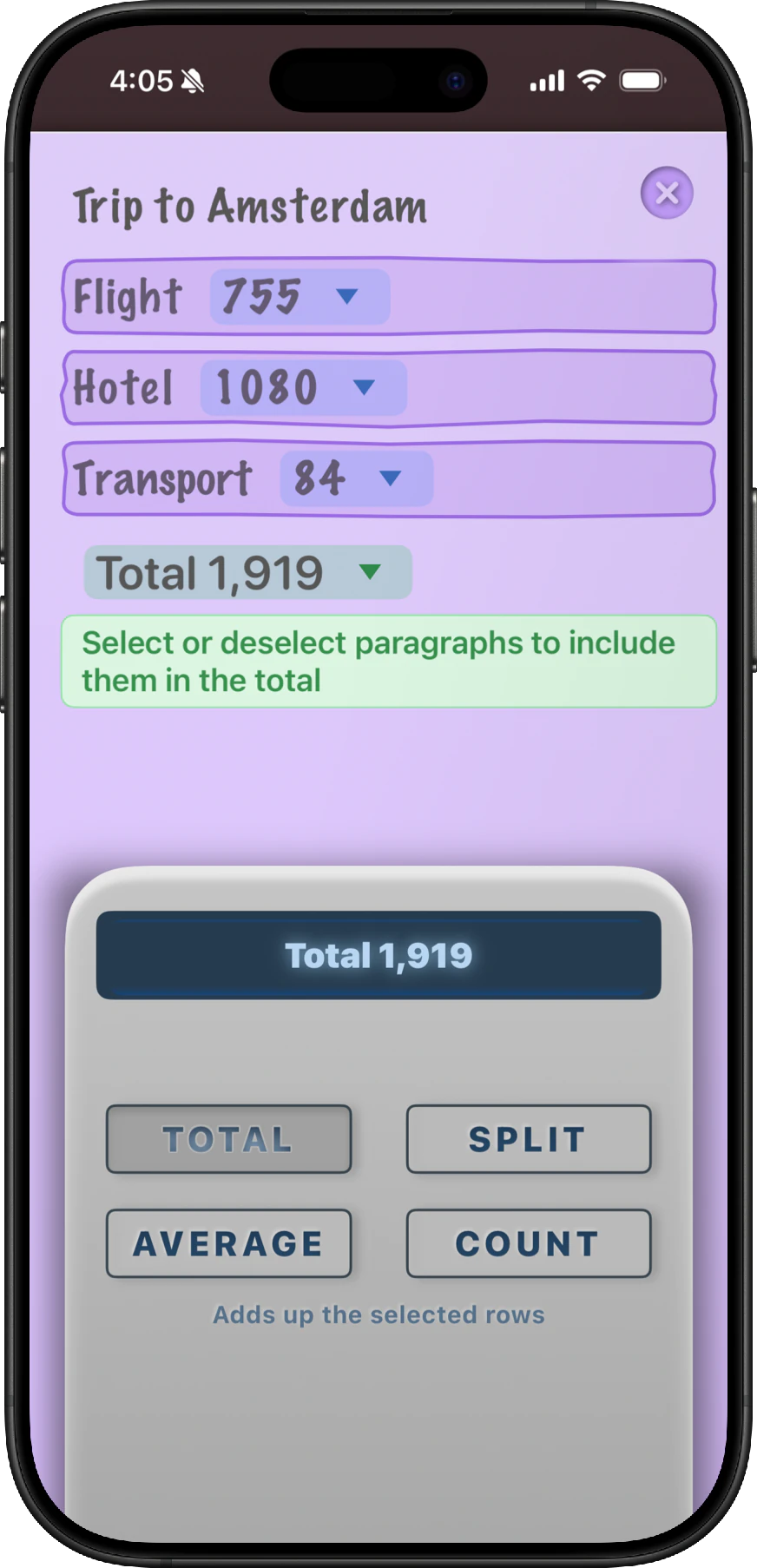 NeatNotes adding selected trip expenses and offering Total, Split, Average, and Count operations