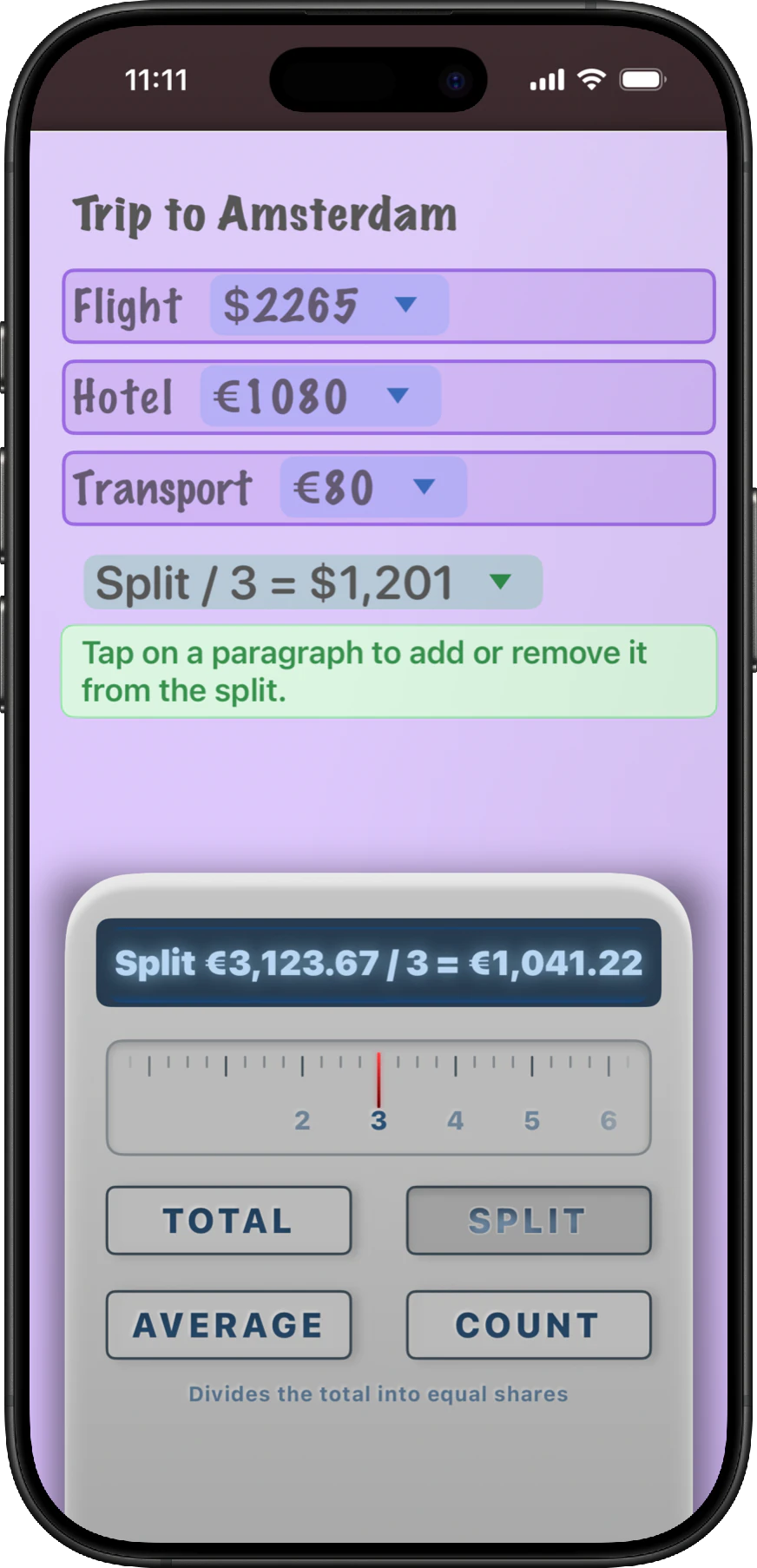 A NeatNotes Amsterdam trip calculation split evenly between three people