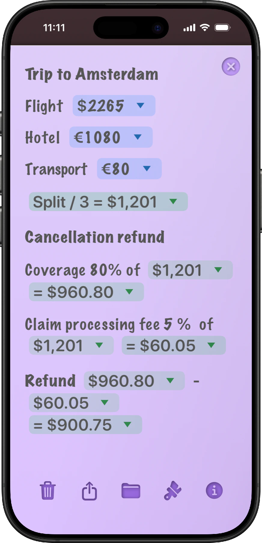 A NeatNotes Amsterdam trip note using a split total to calculate a cancellation refund