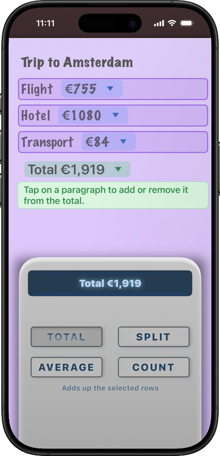 A purple NeatNotes trip note totaling expenses and offering split, average and count