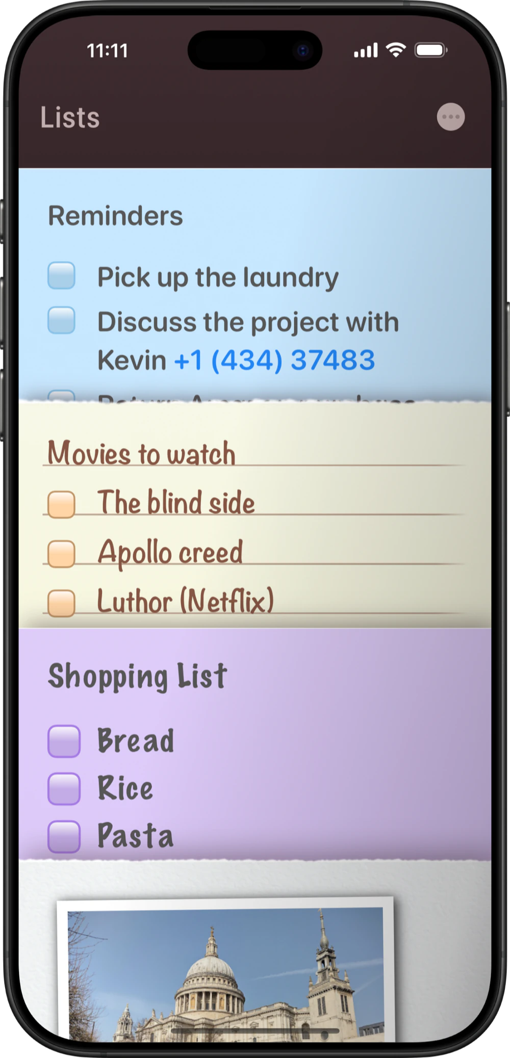 NeatNotes on iPhone showing a stack of colorful notes with torn paper edges