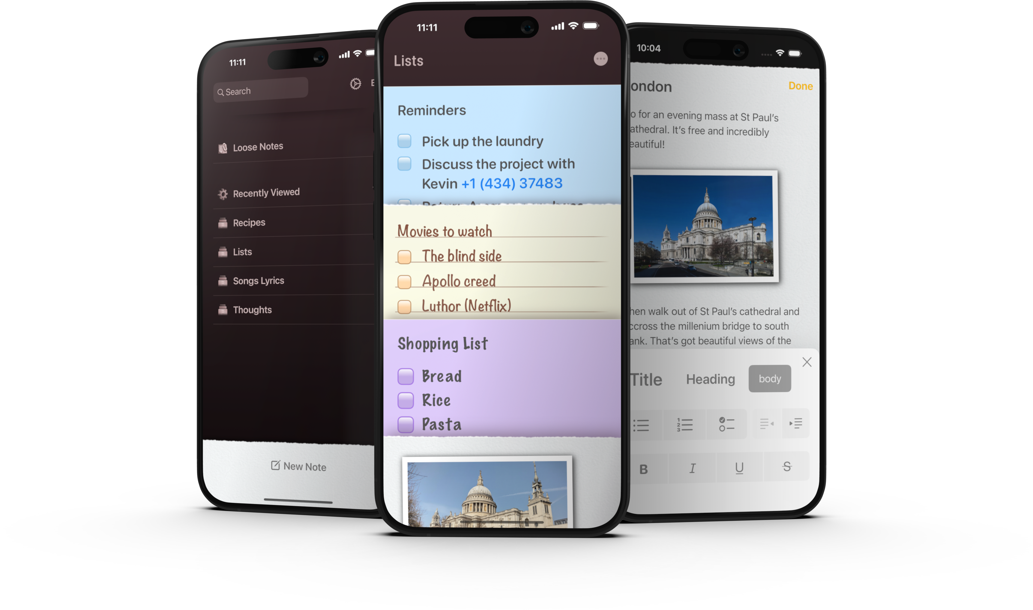 Three iPhones showing a rich text note, a stack of full notes and reminder controls in NeatNotes