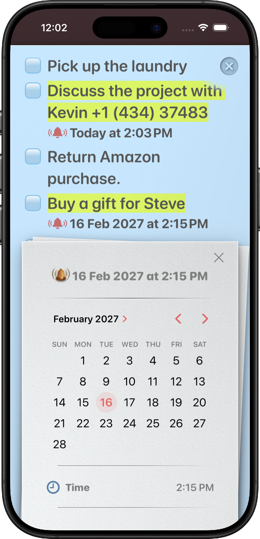 NeatNotes reminder controls showing dates and times attached to individual paragraphs