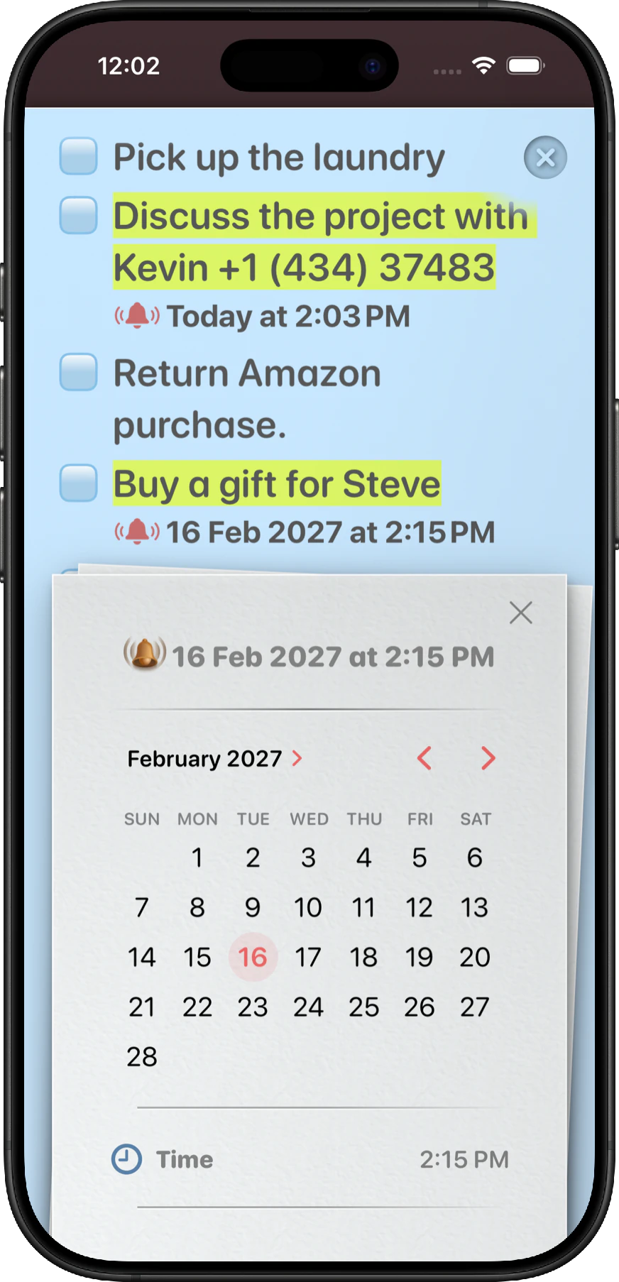 NeatNotes reminder controls showing dates and times attached to individual paragraphs