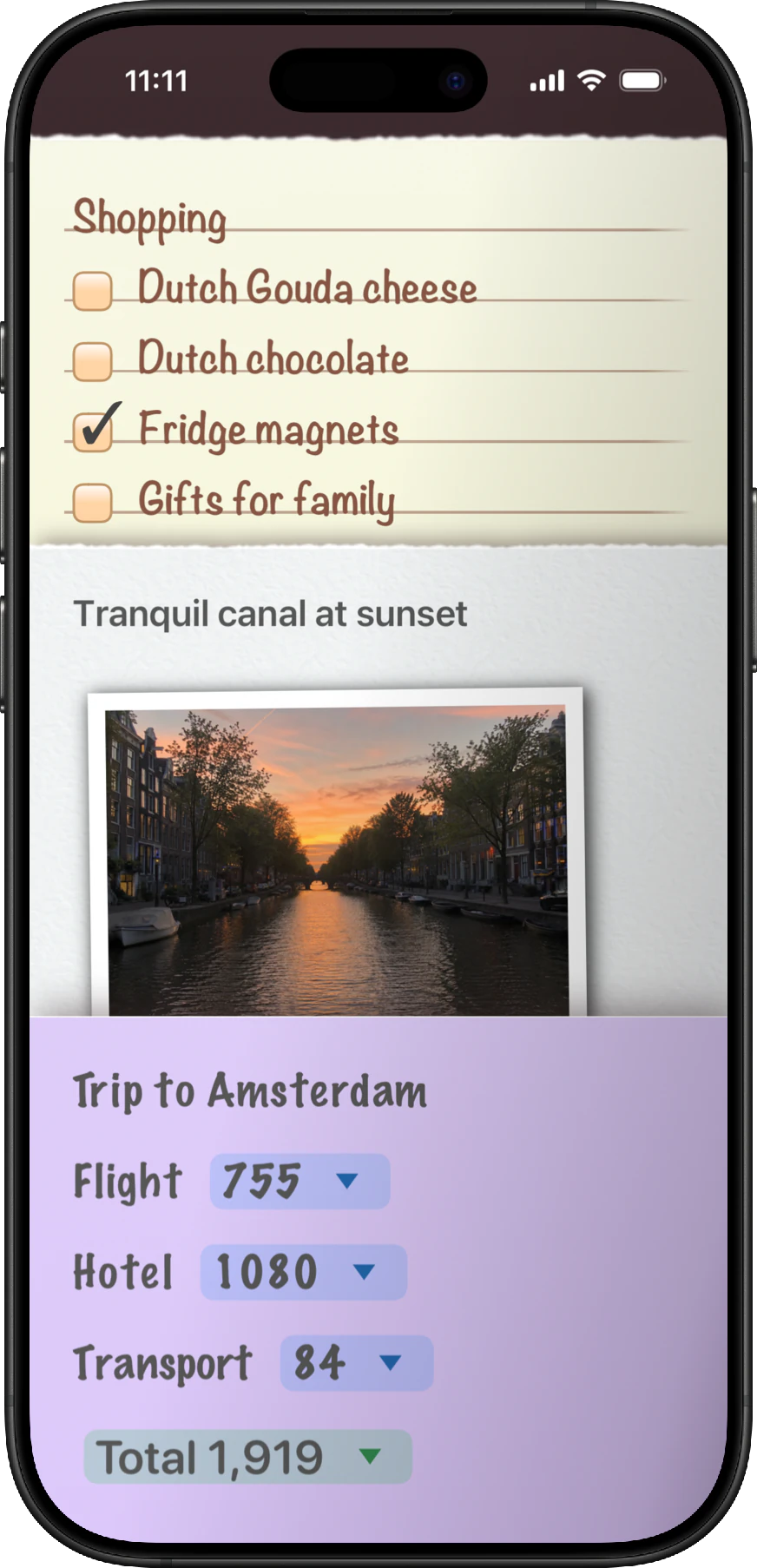 NeatNotes showing full-size blue, lined, purple, and photo notes directly inside a stack