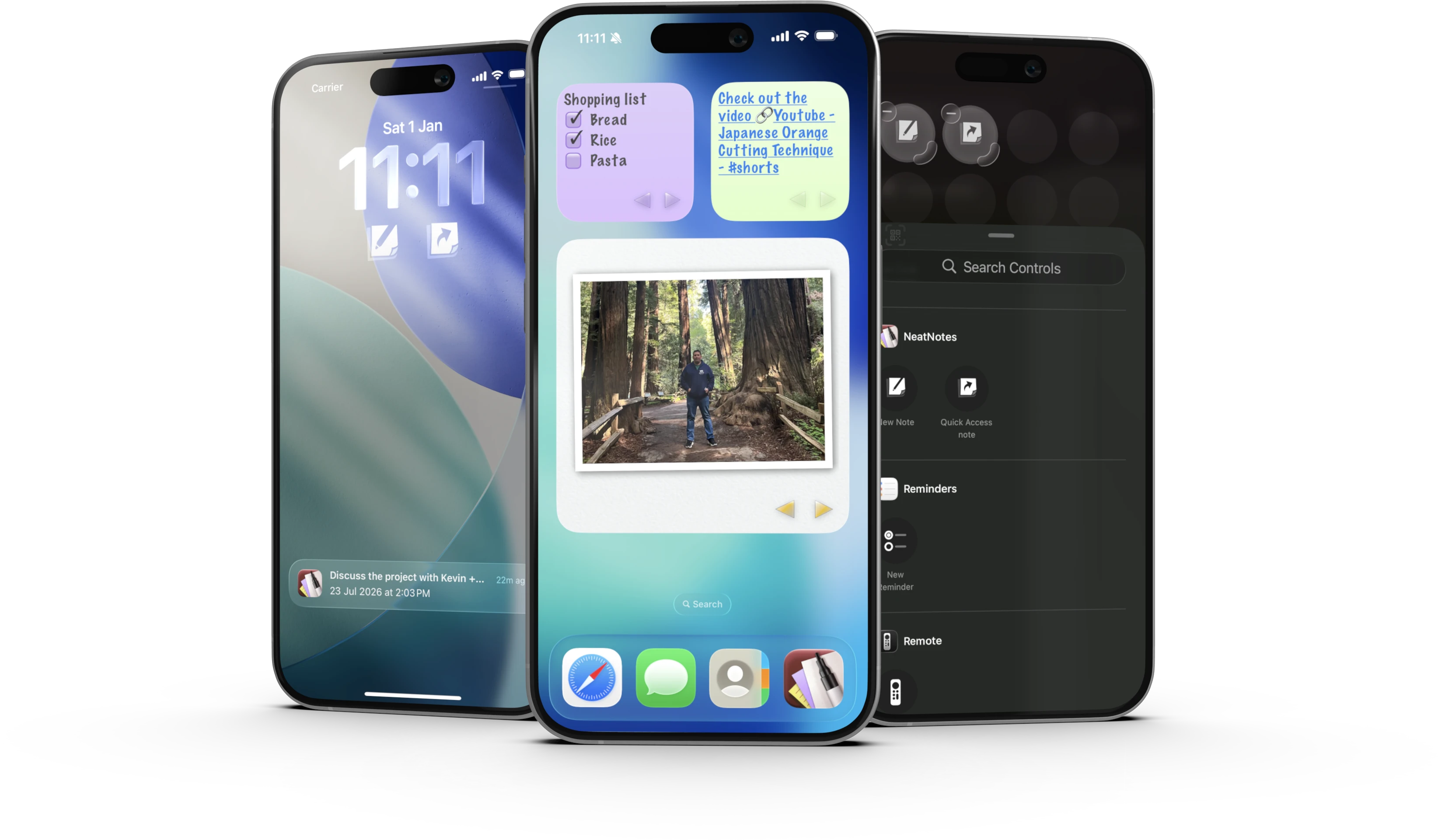 NeatNotes widgets shown on the Lock Screen, Home Screen and in Control Centre